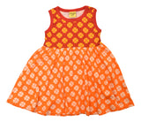 Sleeveless Dress with Gathered Skirt | Mixed Print. Clover Pompeian Red/ Clover Orange. Poppy Red Taping