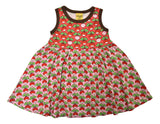 Sleeveless Dress with Gathered Skirt | Mixed Print. Multi Radish Rouge Red/ Radish Lilac. Dark Brown Taping