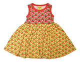 Sleeveless Dress with Gathered Skirt | Mixed Print. Radish Lilac/ Radish Sunshine. Poppy Red Taping