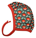 Babycap / Bonnet | Mixed Print.  Mini Radish Black/ Radish Bistro. Poppy Red Taping