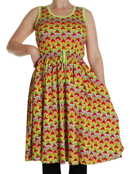 Womans Sleeveless Gather Dress with side pockets and drawstring at Waist | Radish - Pastel Stripe