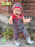 Dungaree | Mixed Print. Mini Radish Black/ Radish Bistro. Poppy Red Taping