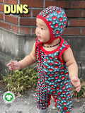 Babycap / Bonnet | Mixed Print.  Mini Radish Black/ Radish Bistro. Poppy Red Taping