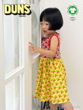 Sleeveless Dress with Gathered Skirt | Mixed Print. Radish Lilac/ Radish Sunshine. Poppy Red Taping
