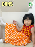 Sleeveless Dress with Gathered Skirt | Mixed Print. Clover Pompeian Red/ Clover Orange. Poppy Red Taping